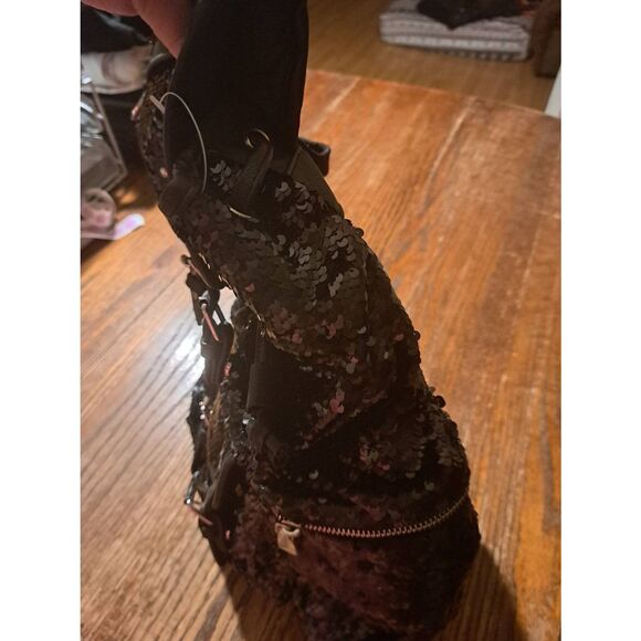 It Works Black Sequin Leather Adjustable Backpack Two Outer Side Compartments - Picture 7 of 8